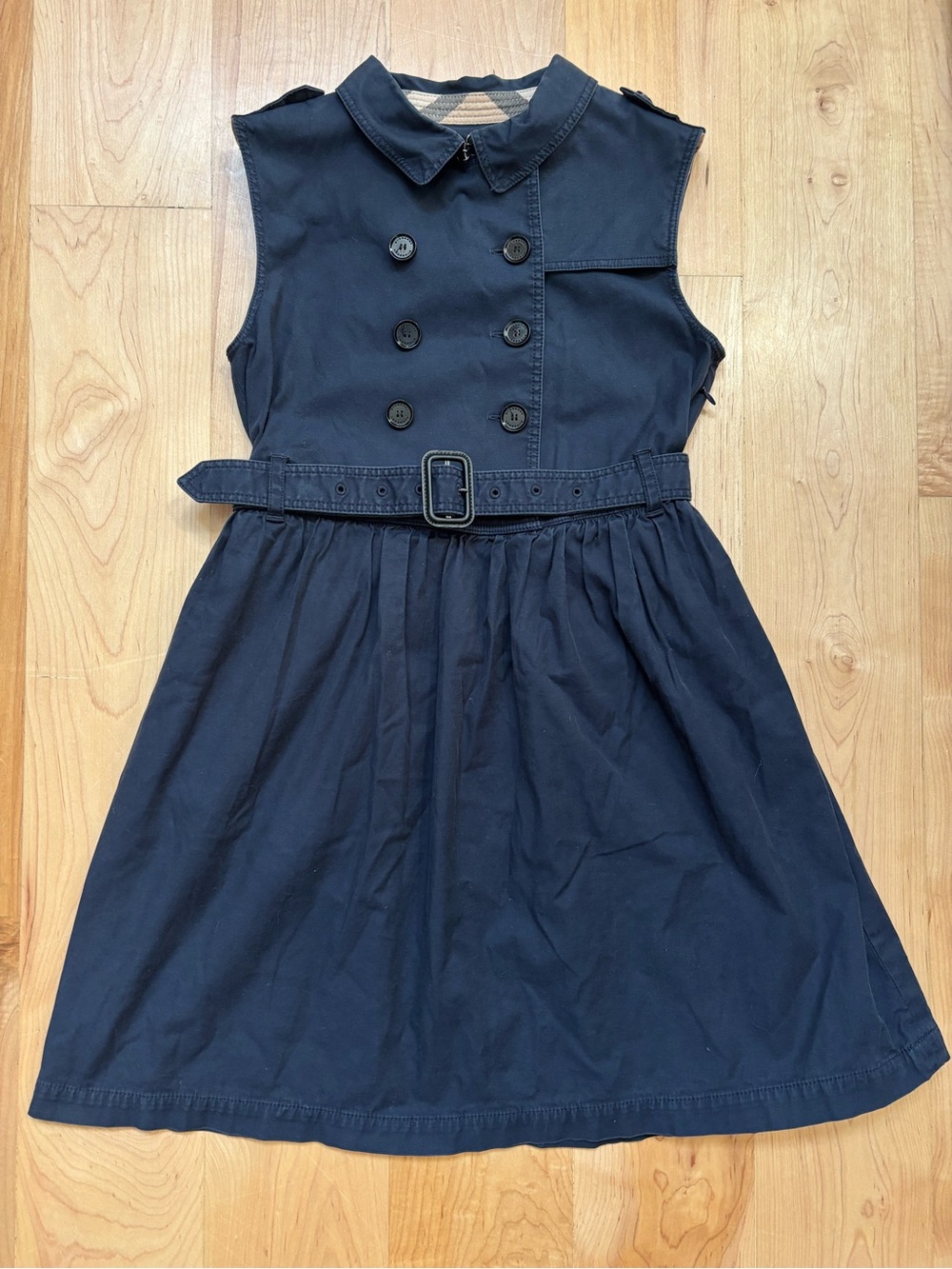 Authentic Burberry Girls Navy Double-Breasted Belted Sleeveless Trench Dress